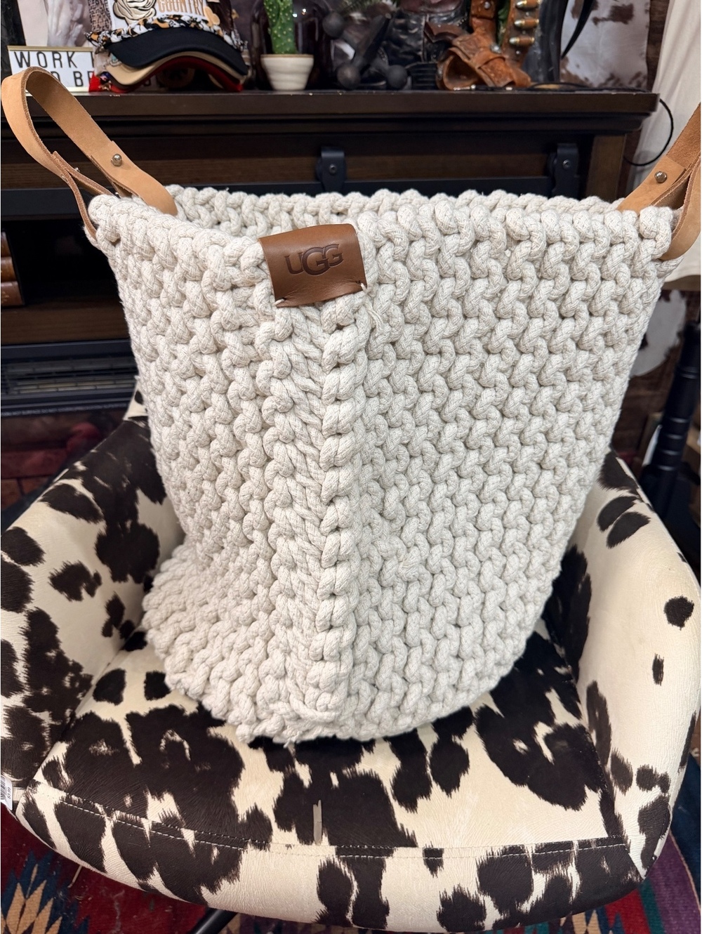 UGG Chunky Knit Cream Tote with Leather Handles